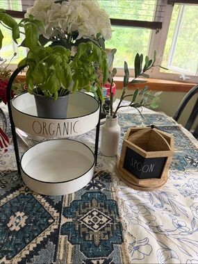 Rae Dunn White Two-Tier ORGANIC Stand with Black Trim